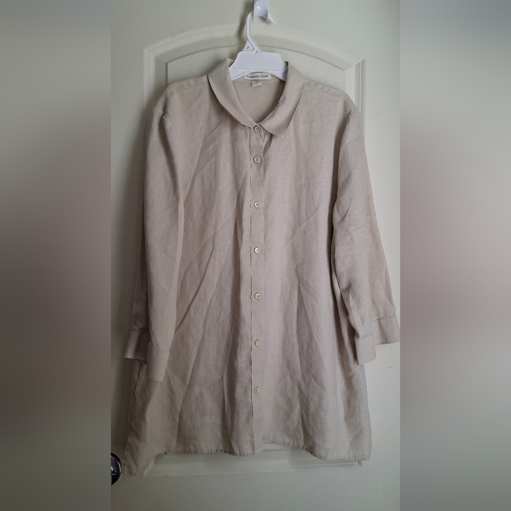 Coldwater Creek Shirt Women's XL Beige Linen Stretch Button-up Casual 3/4 Sleeve
